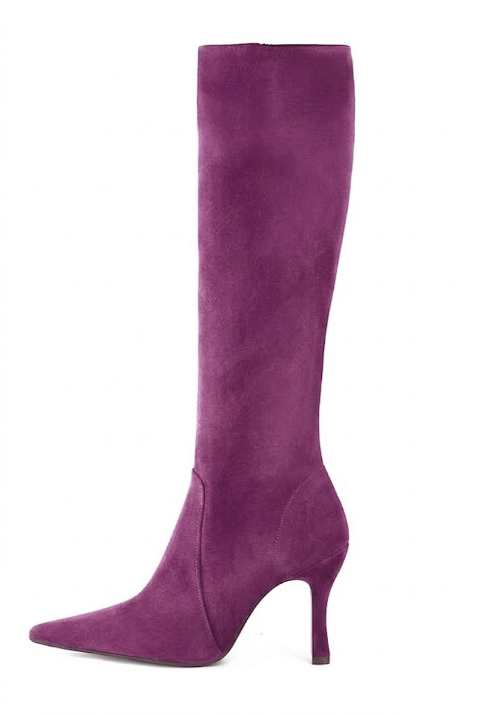 Handcrafted women's comfortable and elegant custom-made formal knee-high boots in mulberry purple premium leather. High spool heels. Pointed toe. Perfect for elevated everyday style. 
                Choose from our luxurious collections of leather and fabric to perfectly match your knee-high boots to your outfits. - Florence KOOIJMAN
